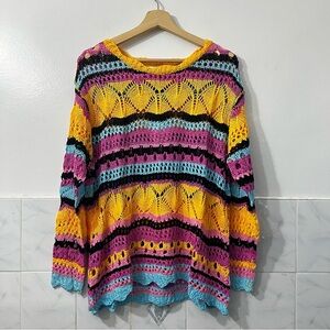 Umgee Open Knit Crochet Oversized Sweater Striped Boho Festival Hippie Retro S